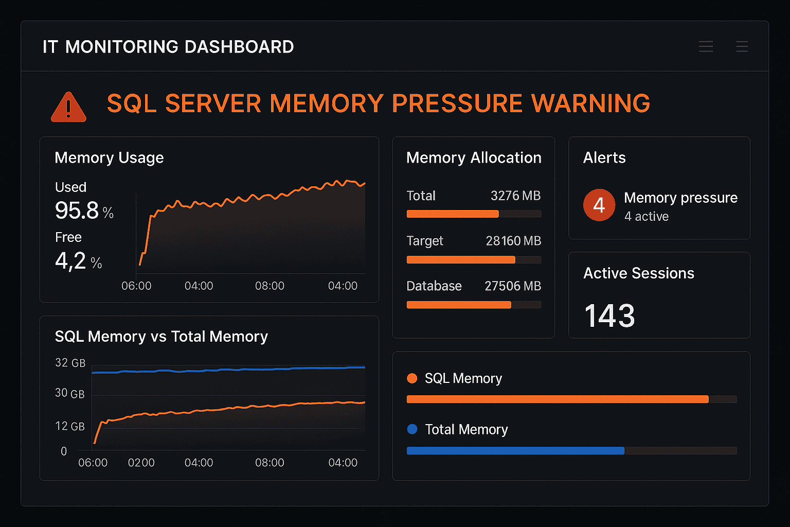 Proactive IT monitoring dashboard showing SQL Server memory alerts