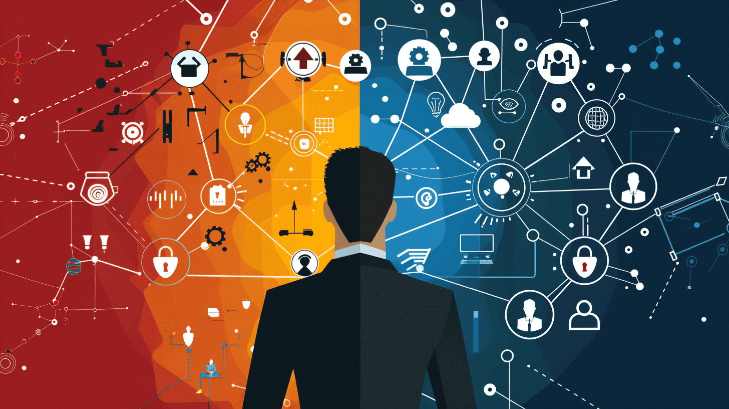 Business professional viewing split-screen IT infrastructure: chaotic disconnected systems on left versus integrated unified network on right