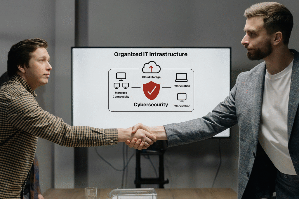 Strategic IT partnership meeting showing integrated technology solutions for SME businesses