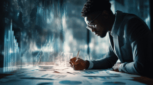 Executive assessing network redundancy requirements for financial services protection