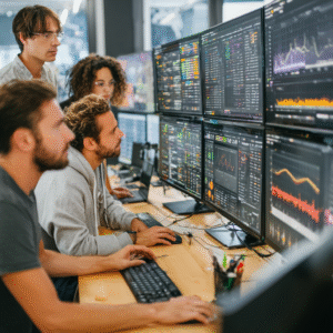 Infrastructure Monitoring Evolution blog image 1 - midjourney - Si Futures IT professionals analysing proactive monitoring alerts and infrastructure performance data
