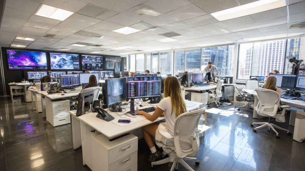SD-WAN Solutions for Business Growth - blog image 1 - Midjourney - Si Futures T professionals analyzing SD-WAN performance optimization data and network routing analytics