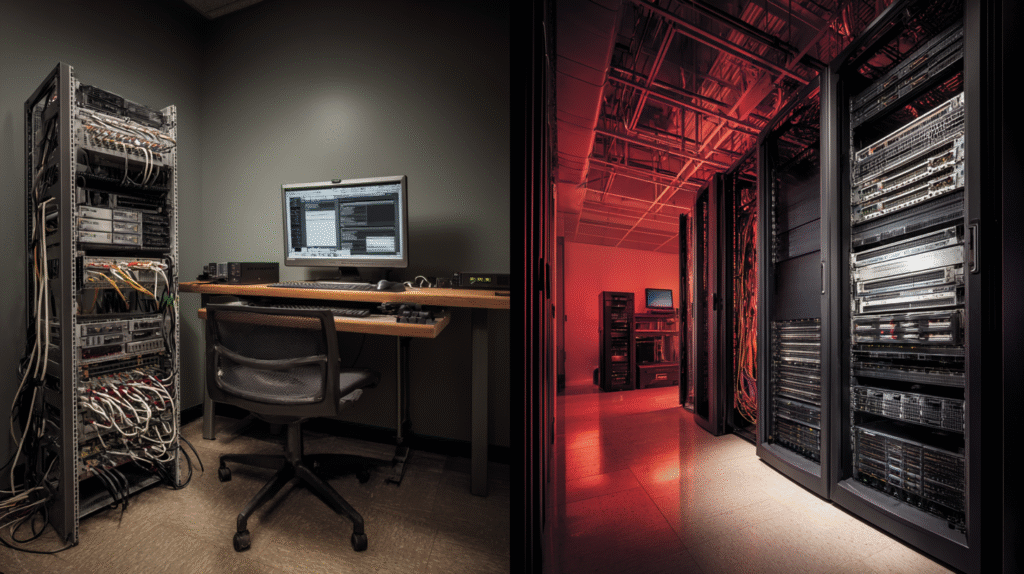 Desktop Masquerading as a Server - Blig image 2 - Midjourney - Si Futures IT infrastructure assessment comparison showing enterprise versus consumer-grade technology implementation