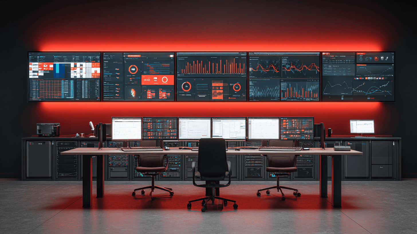 Integrated IT security operations centre displaying FortiGate firewall, Huntress EDR, and NinjaOne RMM dashboards with unified threat monitoring and management visibility