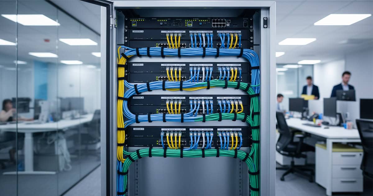 Professionally installed networking cabinet with organised cabling supporting call centre IT infrastructure relocation