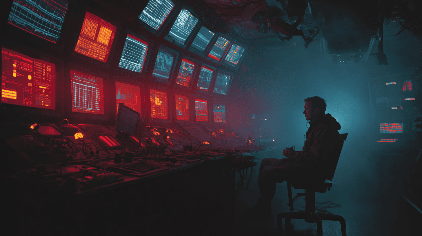 IT engineer managing a monitoring platform migration between dual systems in a cinematic command centre environment
