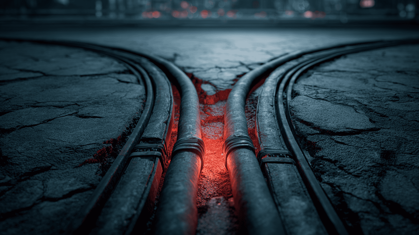 Network infrastructure corridor revealing a single point of failure where two connectivity paths converge, representing the resilience gap in business connectivity planning