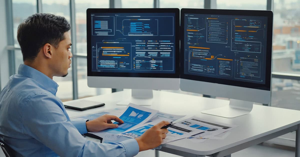 Man in a blue shirt studies printed reports as two monitors show code and dashboards at a clean desk position close to a windowed office.