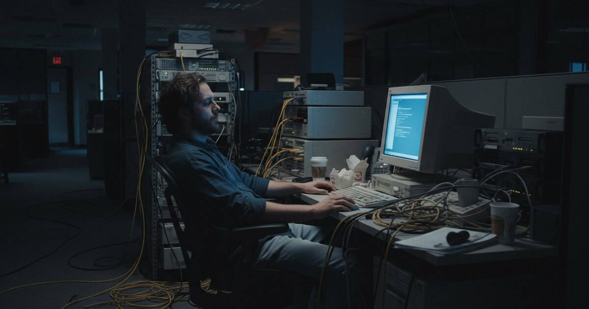 Staff member working late at night due to slow legacy application performance on unsupported hardware