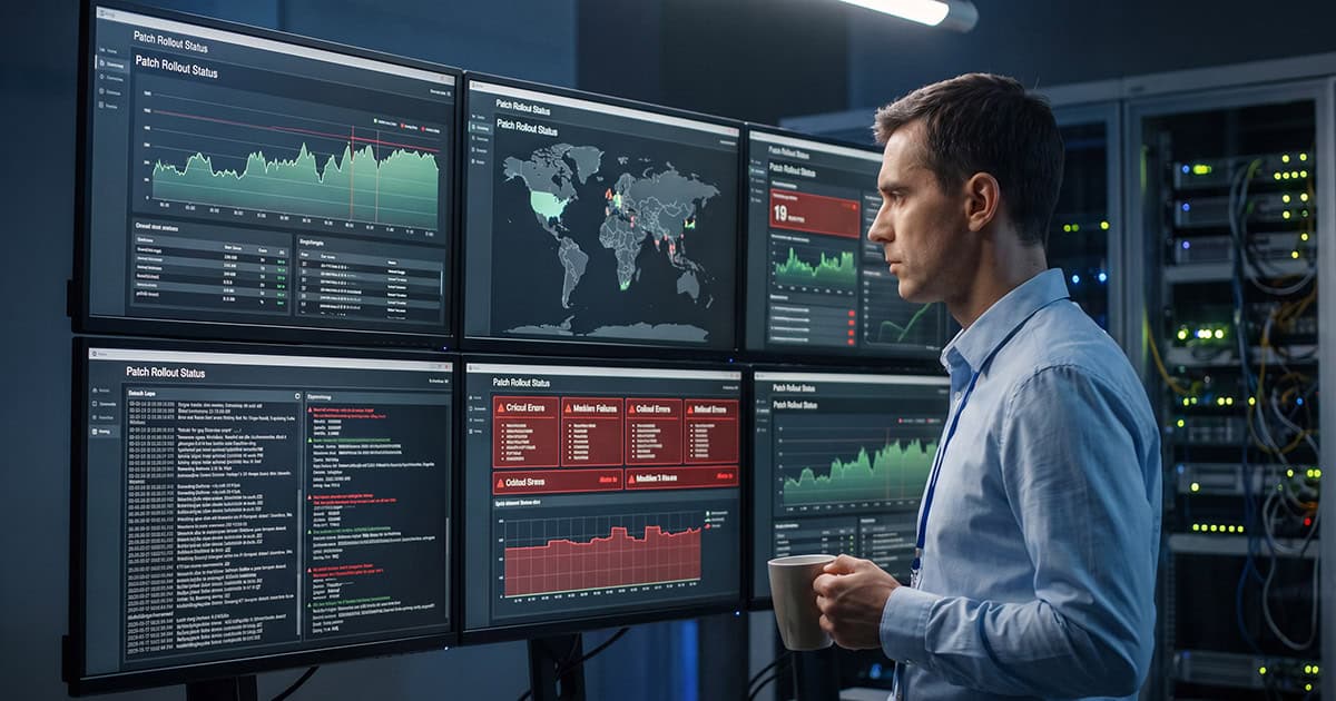 Engineer reviewing patch rollout dashboard after third-party patching update