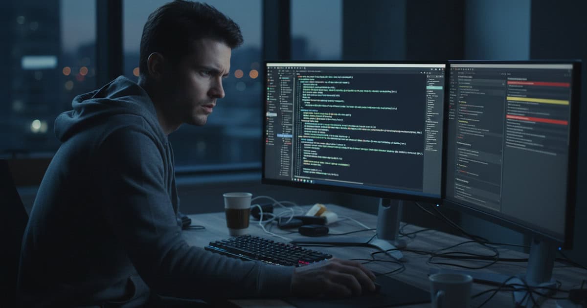 Developer reviewing AI-generated code on screen alongside a penetration testing report, illustrating the security gap between code that works and code that is secure
