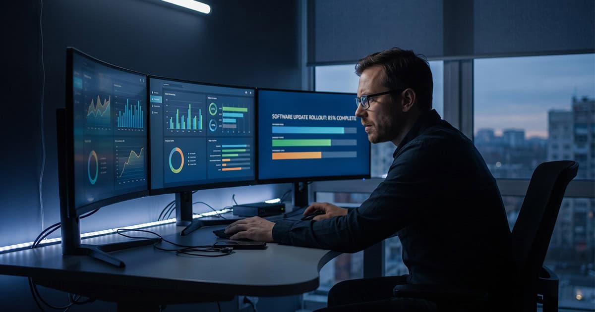 IT engineer monitoring a software patch rollout for issues after third-party patching