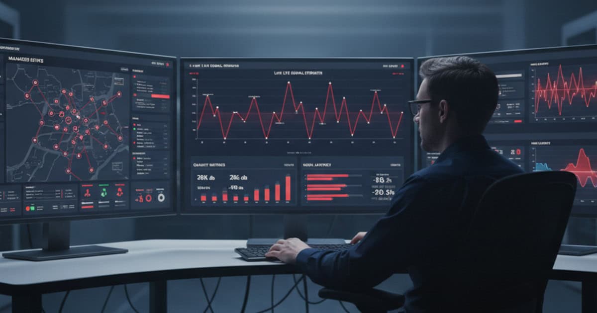 Network engineer reviewing live LTE signal telemetry and connection quality metrics on a managed connectivity monitoring dashboard