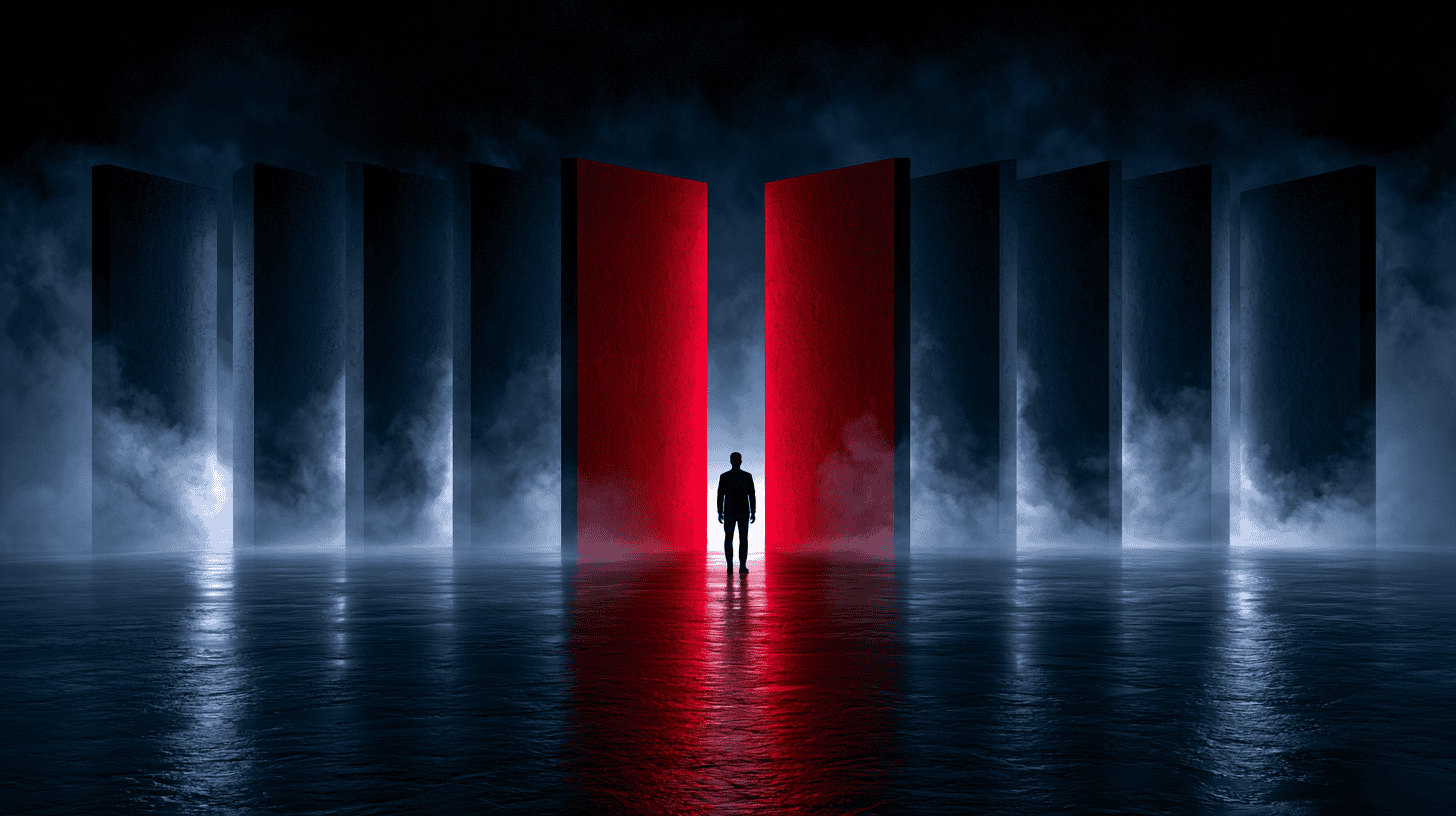 When One Person Becomes Your Reporting Bottleneck - Midjourney - Featured - Si Futures Narrow red bottleneck opening into free-flowing navy light, illustrating account activity investigation as a repeatable process rather than one person's expertise.
