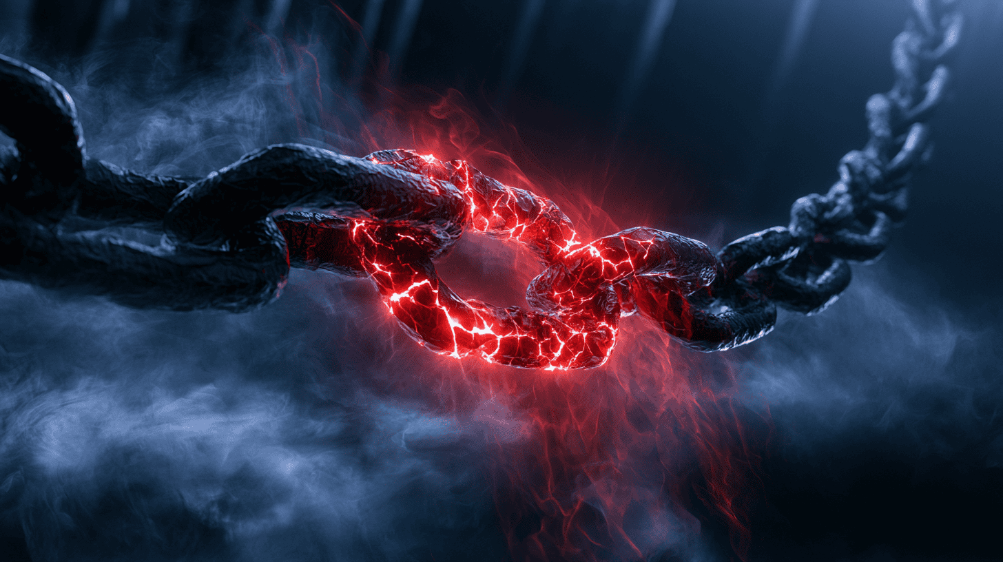 Why We Became a 1Password Reseller - Midjourney - Featured - Si Futures Glowing red weak link exposed in a navy chain, illustrating the password management gap in SME cybersecurity.