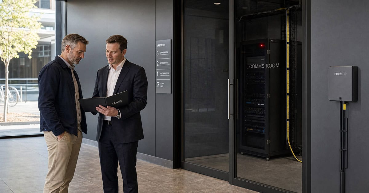 Business owner asking a landlord about backup internet connection access before signing an office lease