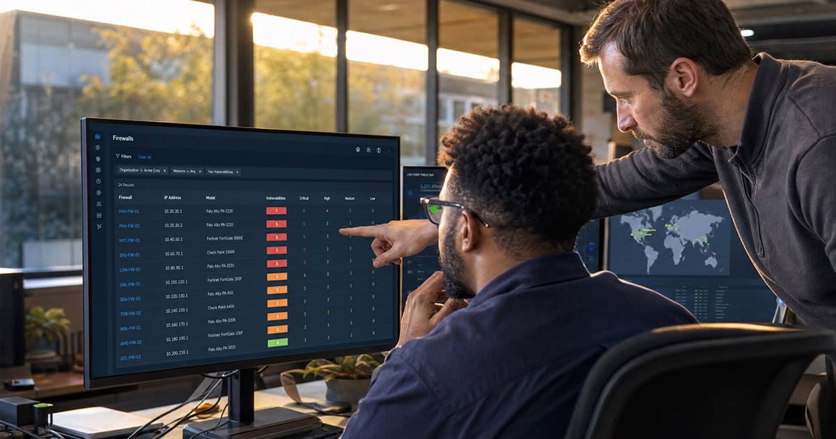 Engineer reviewing a fleet-wide vulnerability management board of managed firewalls