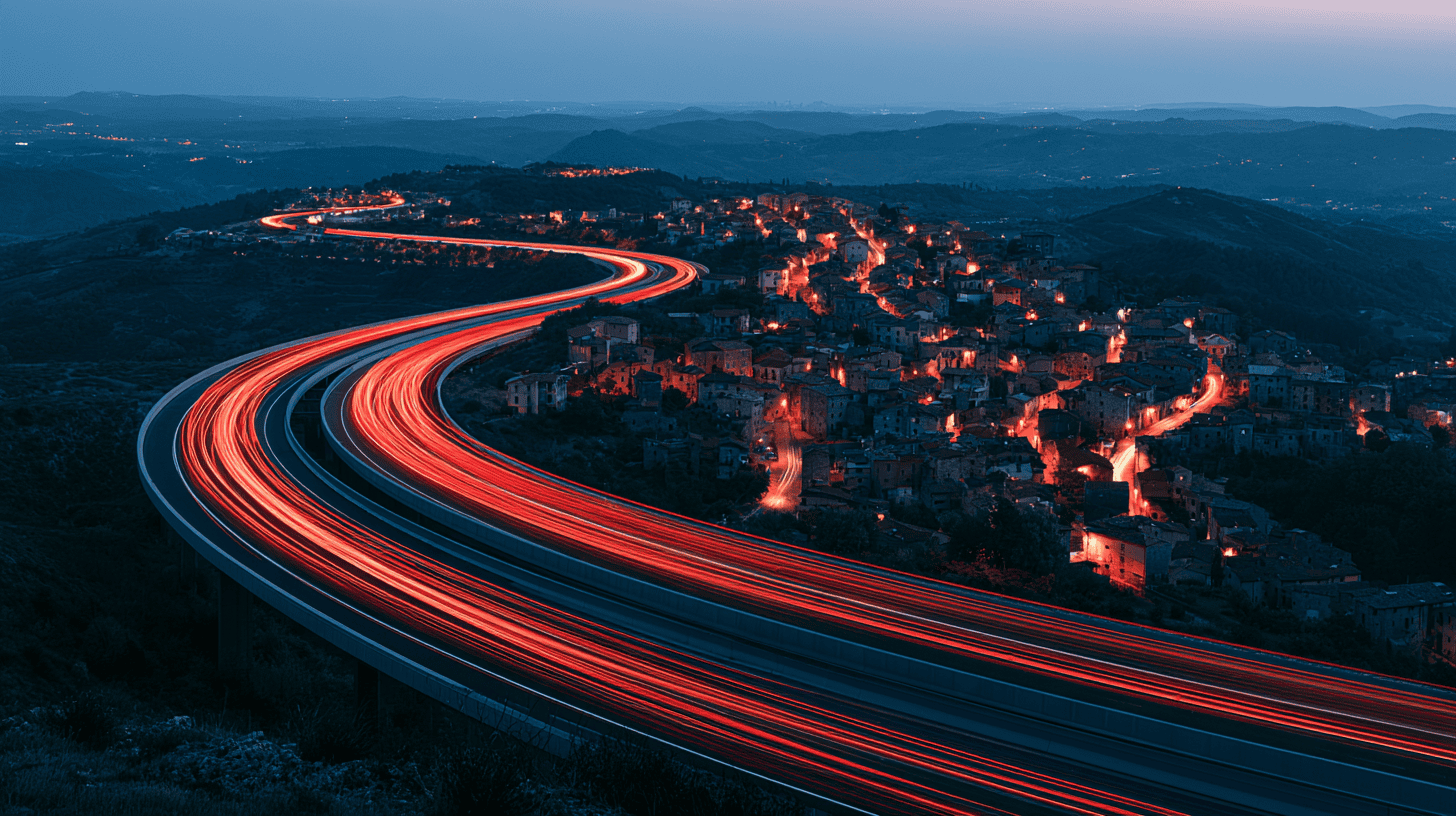 Highway flowing into cobblestone village lanes, illustrating standards that keep AI tools consistent across a business