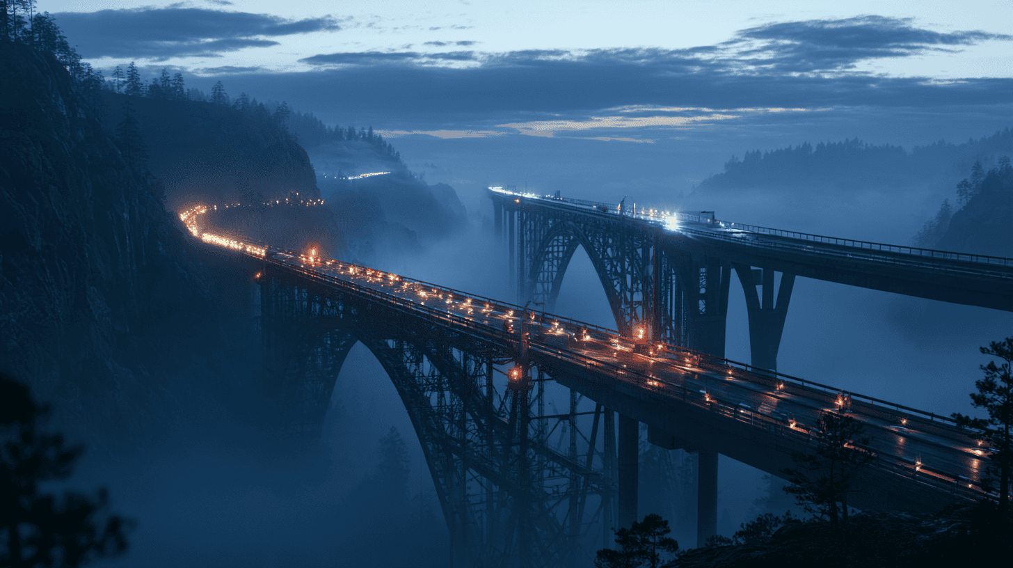New bridge built alongside an old one, representing a planned SSL VPN to IPsec migration on FortiGate firewalls