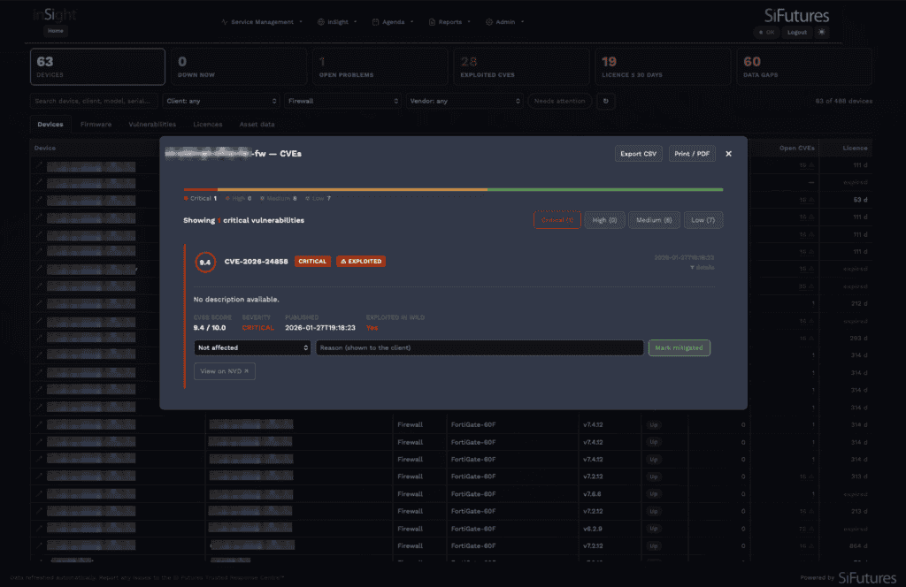 inSight fleet management - Si Futures inSight vulnerability management board listing managed firewalls with known vulnerabilities and their mitigation status